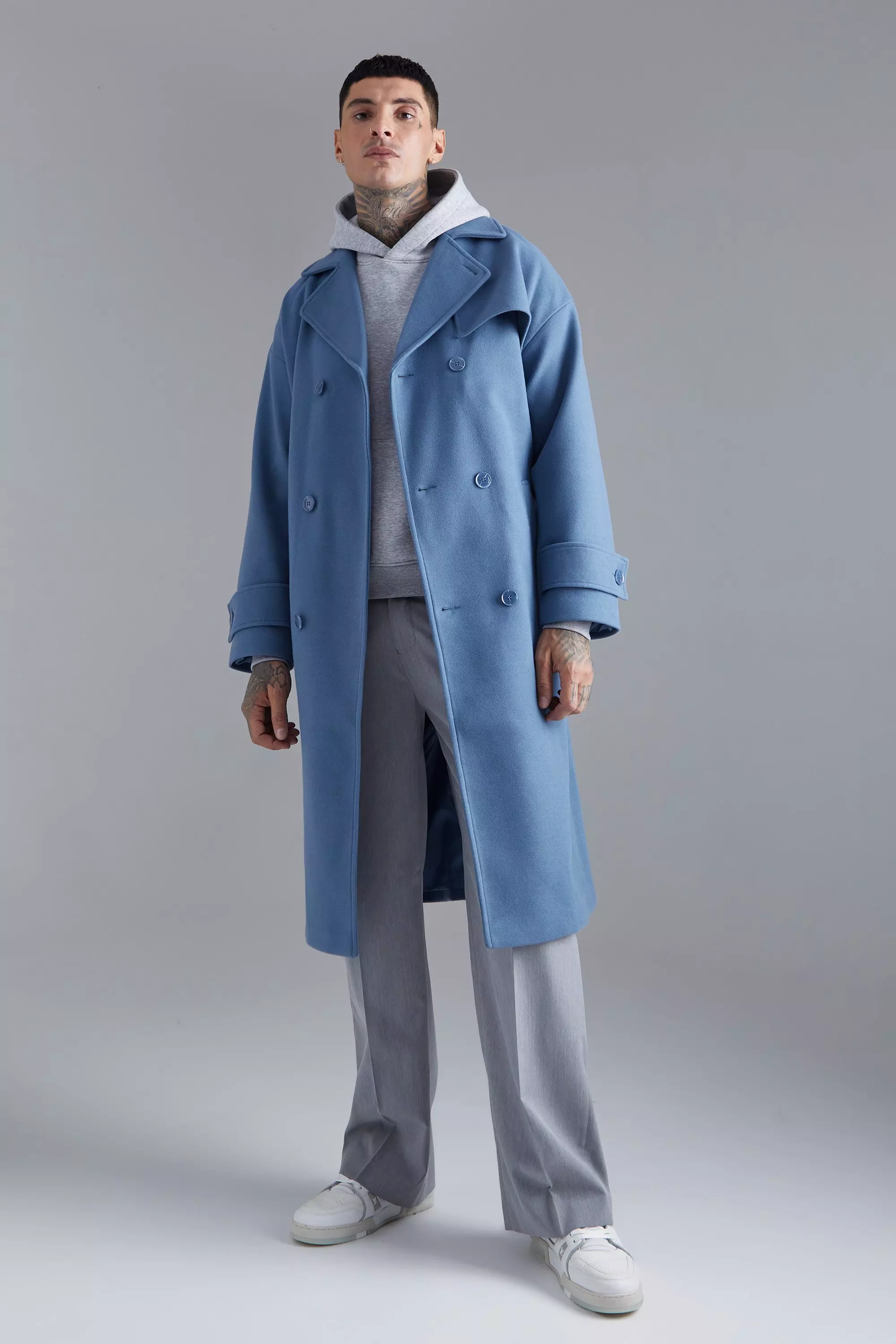 Double Breasted Storm Flap Trench Overcoat boohooMAN UK